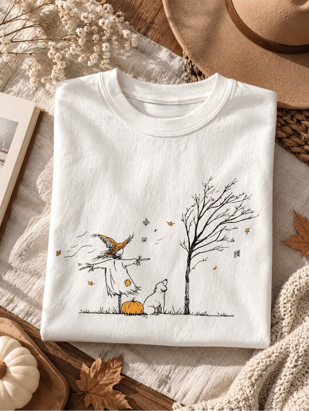 White Autumn Scarecrow & Dog Graphic T-Shirt, Cottagecore Fall Tee